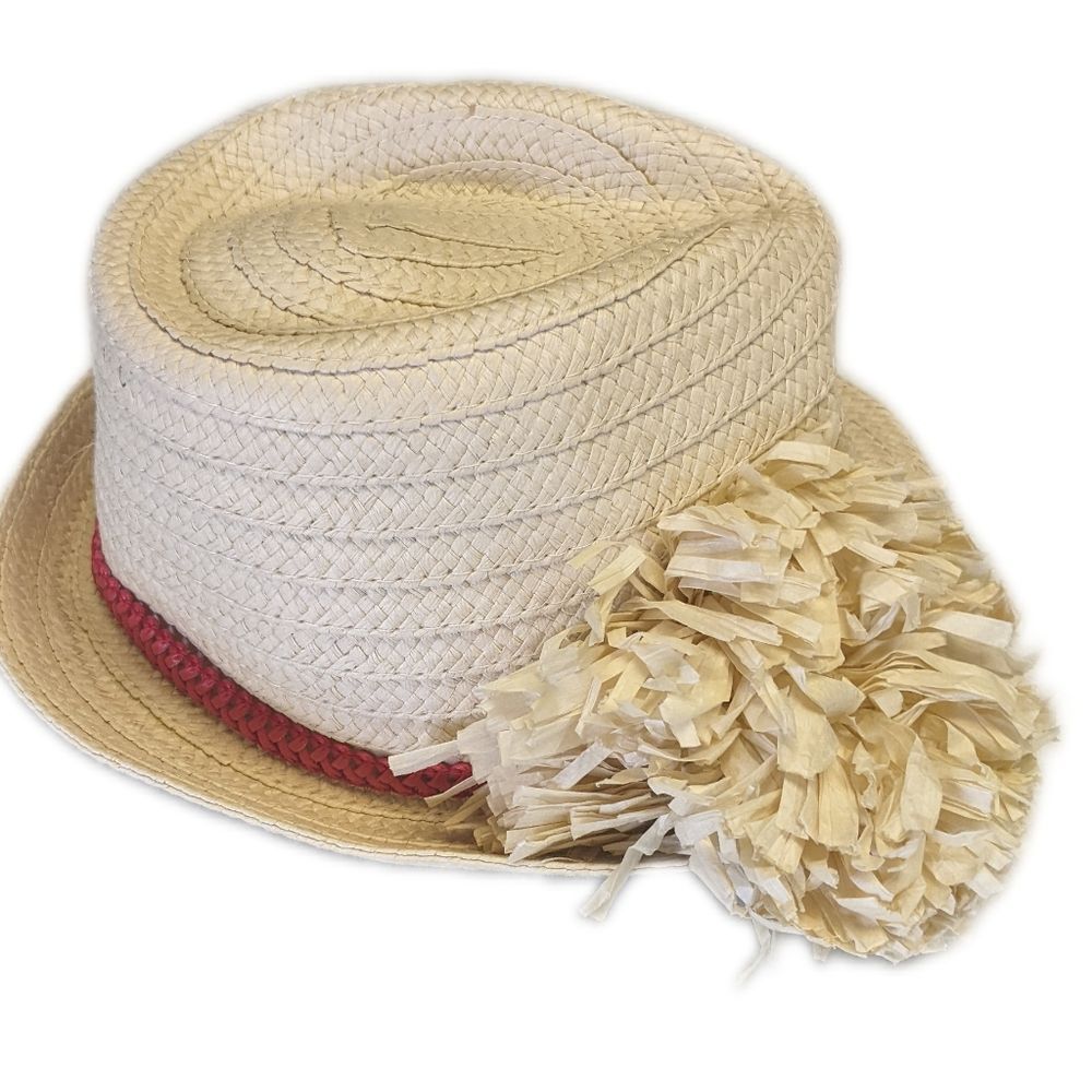 LOFT 96% paper fedora beach hat with paper flower accent, coral peach trim - Picture 2 of 6